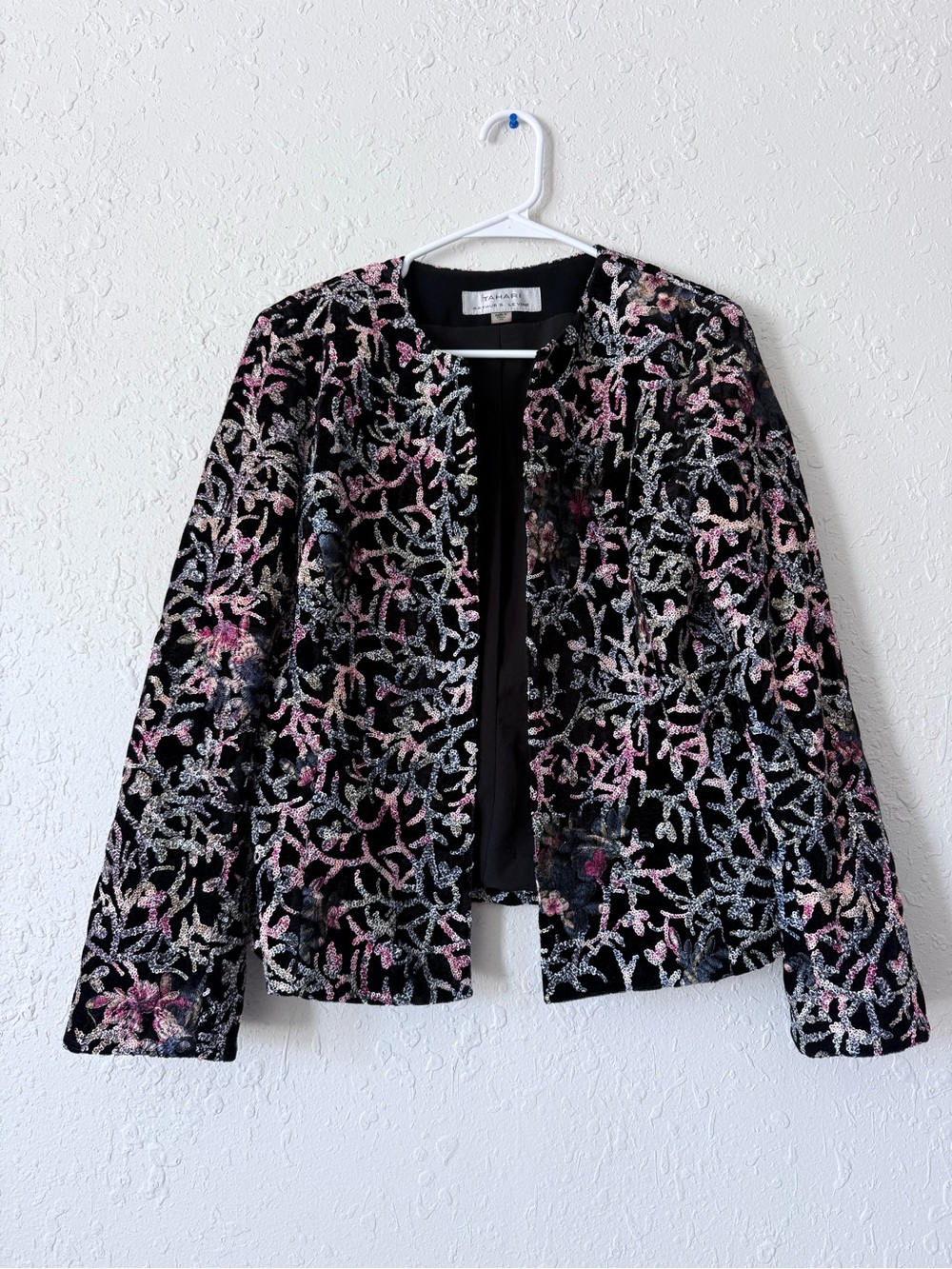 Tahari Velvet Sequined Embroidered Floral Open Front Rainbow Blazer Size 10
